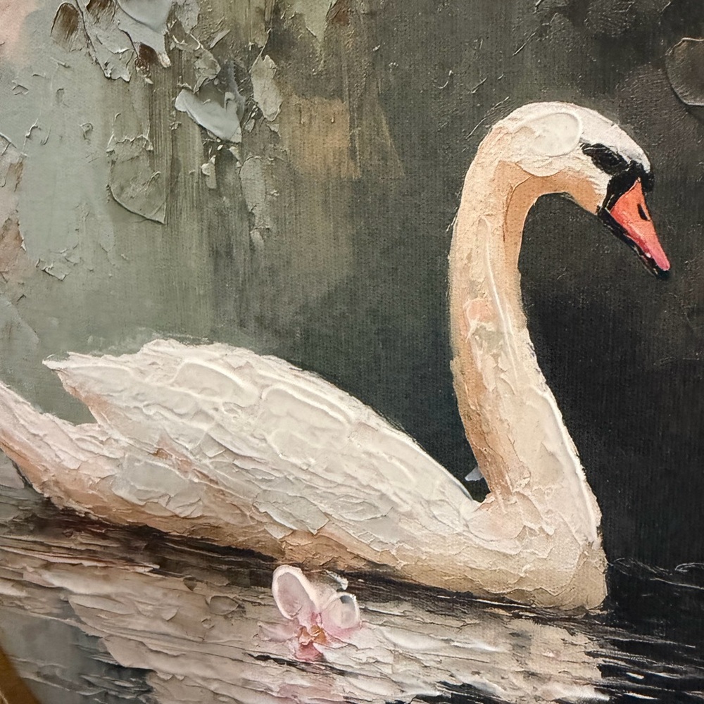 11x14 “lake Swan” Framed Oval glold glittery frame White Swan with Pink Flowers - Picture 3 of 12